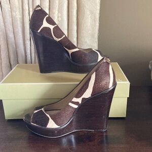 Michael Kors Brown and Cream Peep-Toe Wedge Pumps